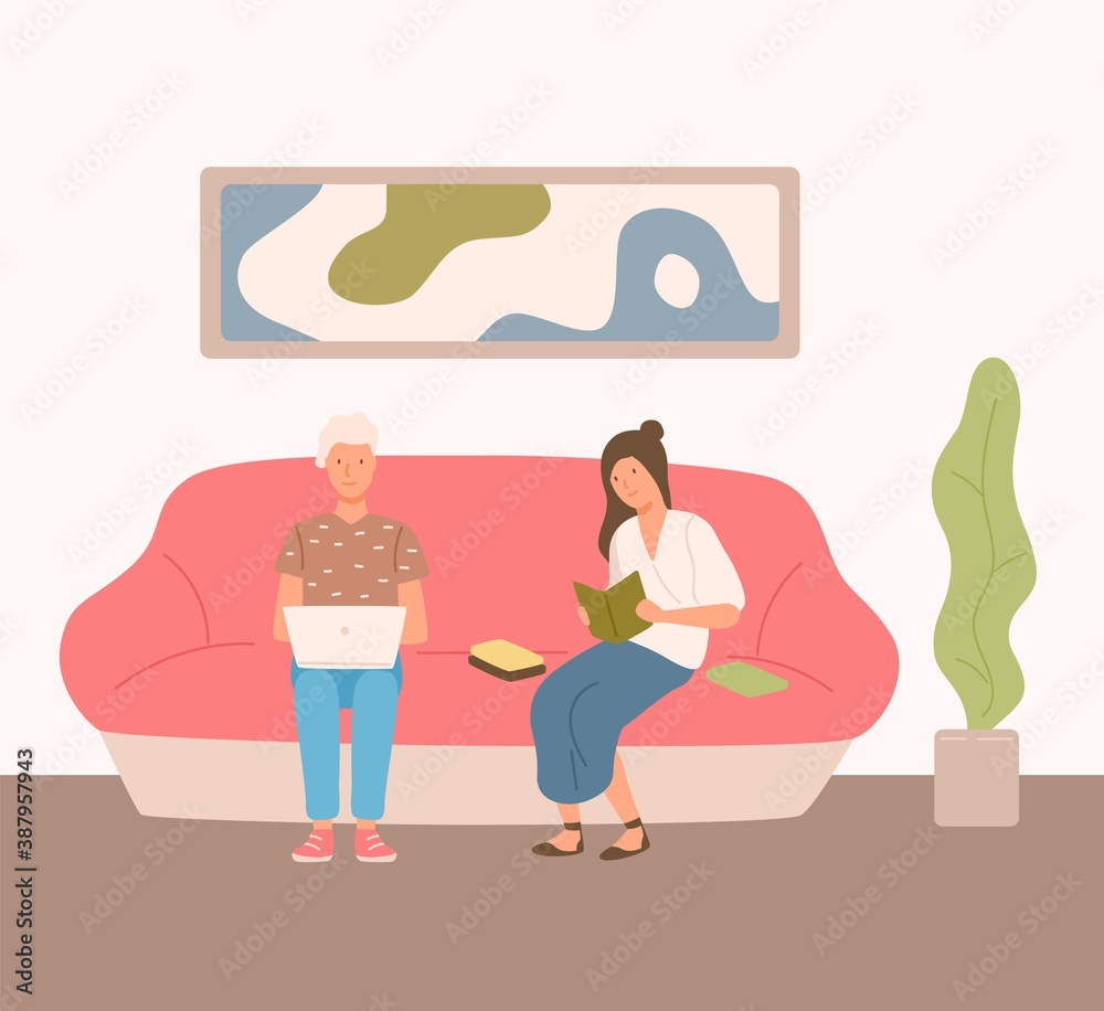 Couple spending time at home sitting on couch vector flat illustration. Woman reading book. Man surfing internet or working use laptop. Pair enjoying weekend at comfy interior