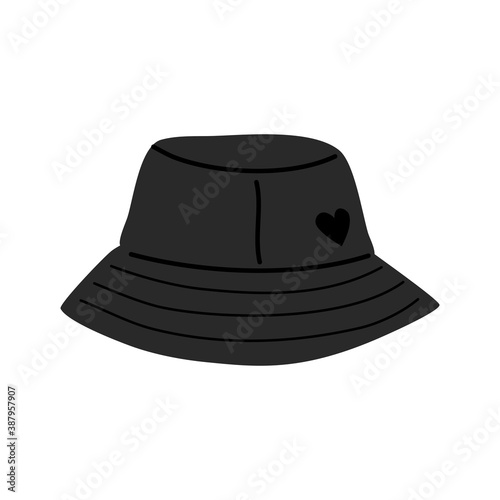 Hand drawn cute bucket hat with heart sign. Flat vector illustration.