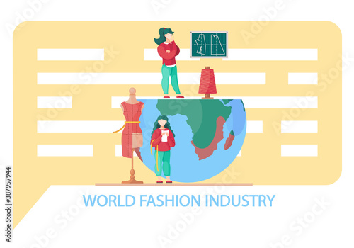 Designer team working on new clothes collection and piece of cloth on mannequin near table in the form of planet earth. World fashion industry, clothing style market, fashion business concept