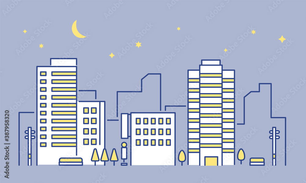 Obraz premium ビルやオフィスのある都市部の夜景 イメージイラスト素材