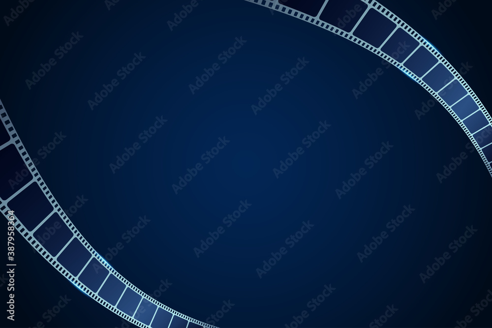 Realistic cinema film strip in perspective. Modern cinema background. Festive design film frame with place for text. Movie and film template for festival brochure, ticket, poster, banner or flyer.
