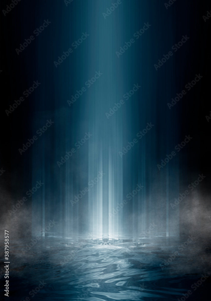 Empty futuristic dramatic scene. Abstract dark landscape, street. Neon light fluid element. Night view, neon blue light. Fantasy background. 3D illustration Empty futuristic dramatic scene. Abstract dark landscape, street. Neon light fluid element. Night view, neon blue light. Fantasy background. 3D illustration