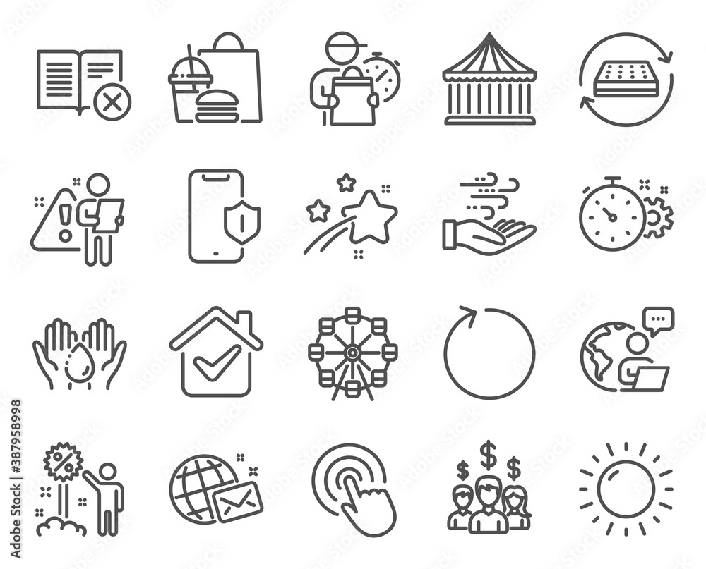 Business icons set. Included icon as Discount, Smartphone protection, Loop signs. Ferris wheel, Salary employees, Click symbols. Sunny weather, World mail, Wind energy. Cogwheel timer. Vector