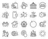 Business icons set. Included icon as Discount, Smartphone protection, Loop signs. Ferris wheel, Salary employees, Click symbols. Sunny weather, World mail, Wind energy. Cogwheel timer. Vector