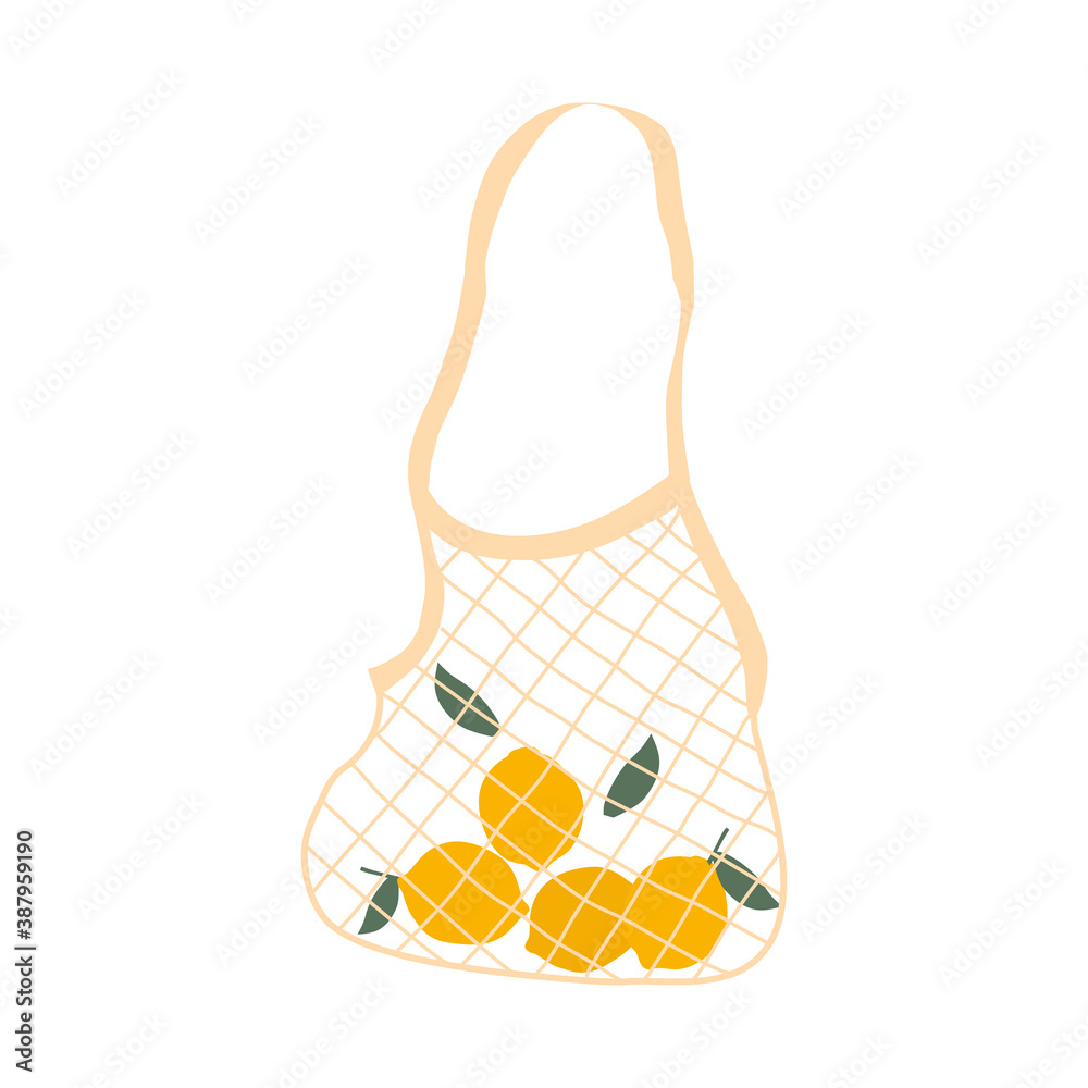 Macrame bag with Lemons fruit. Natural Cotton Net Bag. Eco Friendly Reusable Cotton String Bags Summer. Hand drawn vector illustration Macrame bag with Lemons fruit. Natural Cotton Net Bag. Eco Friendly Reusable Cotton String Bags Summer. Hand drawn vector illustration