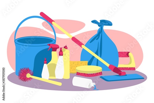 Cleaning service supplies. Detergent products and different tools for housekeeping work, household equipment. Bucket, mop, sponge, sprayer bottle, brush cartoon vector illustration