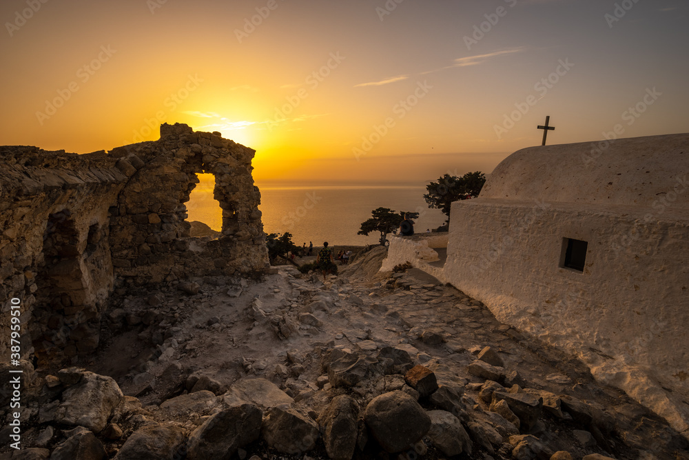Monolithos castle church at sunset, Rhodes island, Greece - obrazy, fototapety, plakaty 