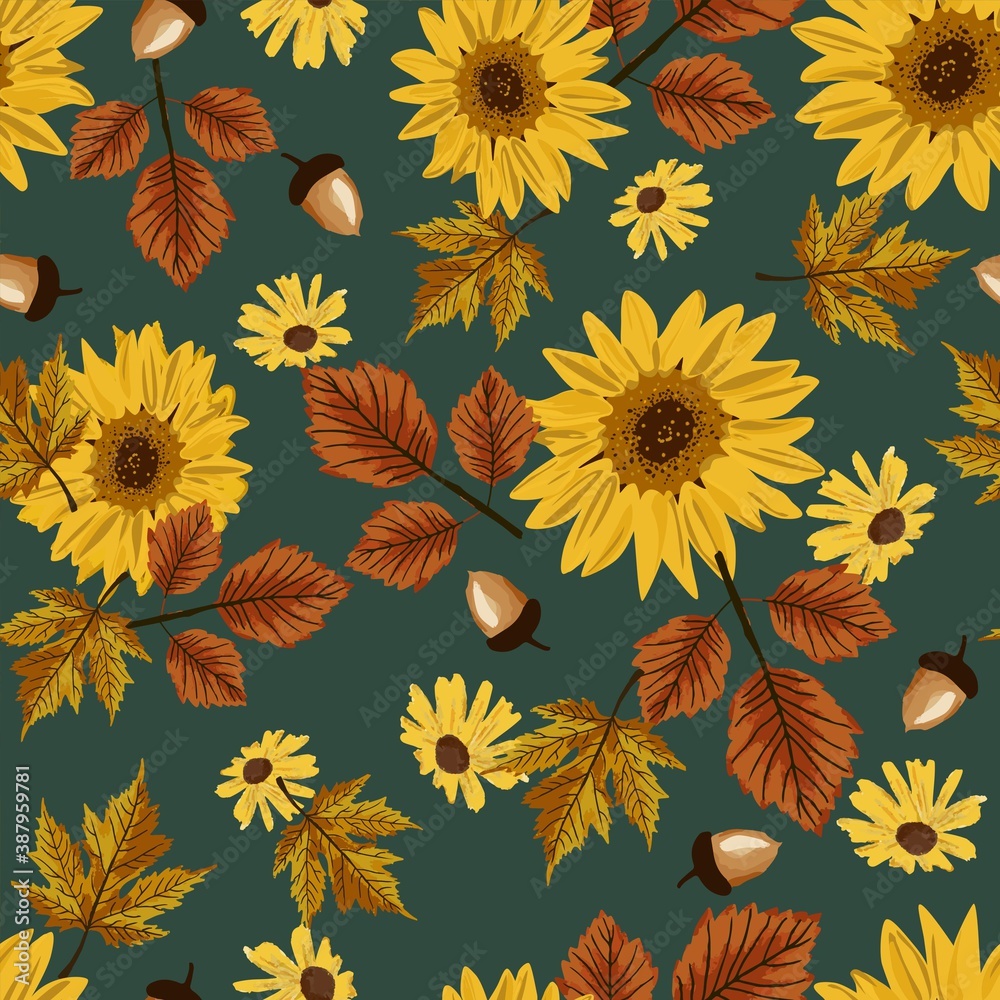 Autumn sunflowers with teal background pattern. Maple leaves, sunflowers, acorns ditsy. Perfect for fall, Thanksgiving, holidays, fabric, textile. Seamless repeat swatch.