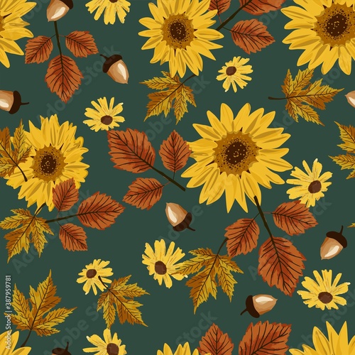 Autumn sunflowers with teal background pattern. Maple leaves, sunflowers, acorns ditsy. Perfect for fall, Thanksgiving, holidays, fabric, textile. Seamless repeat swatch.