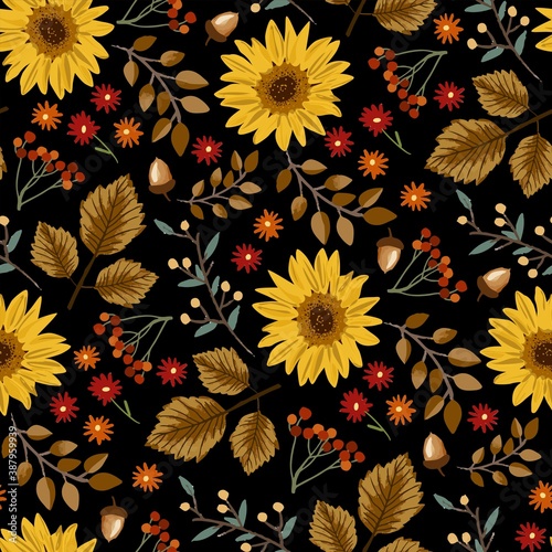Autumn sunflowers with black background pattern. Maple leaves, sunflowers, flowers ditsy. Perfect for fall, Thanksgiving, holidays, fabric, textile. Seamless repeat swatch.