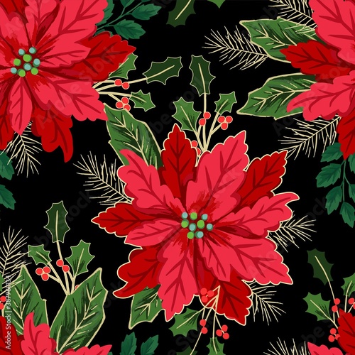 Seamless christmas pattern with red poinsettia, black background, gold outline, holly, mistletoe and berries. Floral tile.