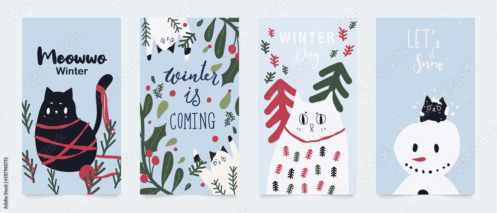 Winter cat background vector.  New year and Christmas vector illustrations design for social media post and stories, Cover, wallpaper, wall arts, Winter design for advertising and banners.