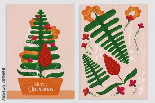 Alternative christmas tree card for plant lovers. Leaf in the shape of a Christmas tree. Stylized flowers.