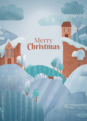 Winter house with snowy hills, hand drawn Christmas card. Merry Christmas background with pencil texture. digital illustration.
