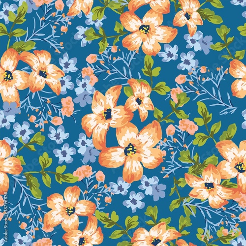 Seamless pattern with tropical orange blooms on blue background. Ditsy decorative floral design and foliage. Flowers, buds and leaf. Vintage hand drawn vector illustration with separate elements.