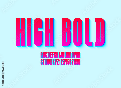 Red high font, condensed tall ultra bold alphabet sans serif, trendy uppercase Latin letters from A to Z and Arab numbers from 0 to 9, vector illustration 10EPS