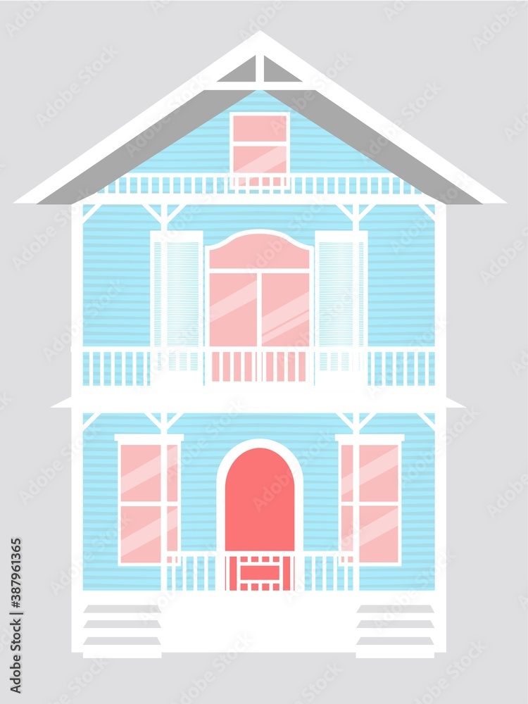 illustration of a three storey blue wooden house 