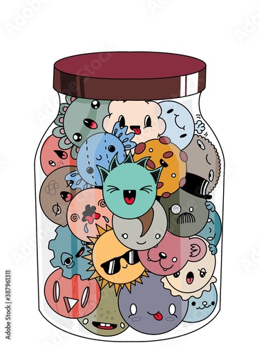 Illustration of cute characters stuffed  into a glass jar