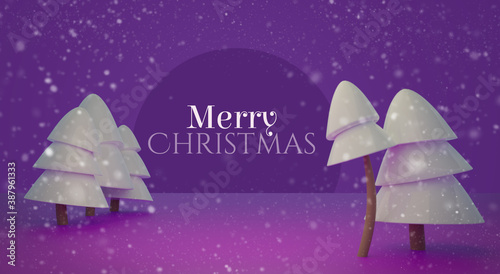 Merry christmas card with snowy trees on a violet background. 3d Winter evening design with snowflakes