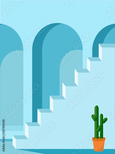 Illustration of a lone cactus in a Mediterranean architectural setting 