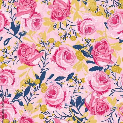 Seamless pattern with pink roses and leaves. Ditsy decorative floral design and foliage. Flowers, buds and leaf. Vintage hand drawn vector illustration with separate elements.