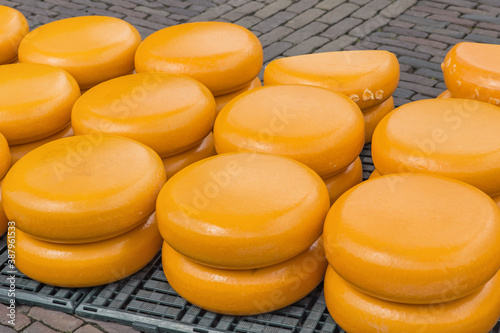 Quadro su tela Cheese at traditional cheese market - Alkmaar Netherlands