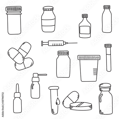 Set of simple vector icons of medical drugs and bottles. Pills and injection on a white background hand drawn. Editable stroke.