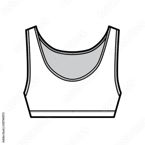 Sport Bra lingerie top technical fashion illustration with wide shoulder straps. Flat brassiere template front white color style. Women men unisex athletic stretch underwear CAD mockup