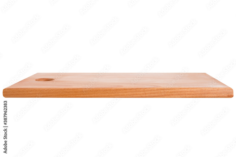 brown wooden cutting board, white background, side view, selective focus brown wooden cutting board, white background, side view, selective focus