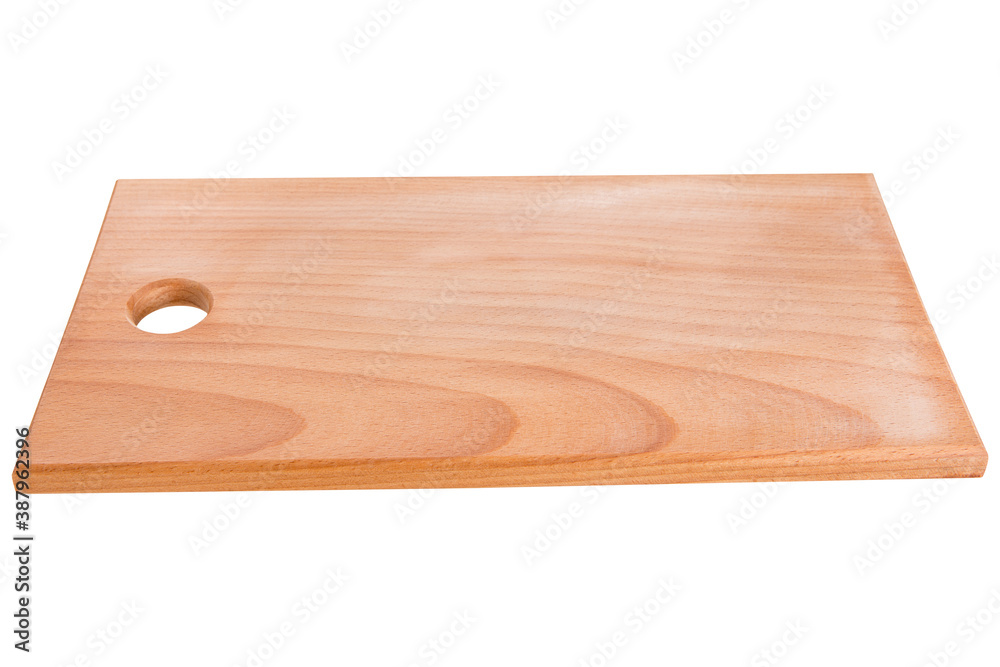 rectangular wooden cutting board, white background, side view, selective focus