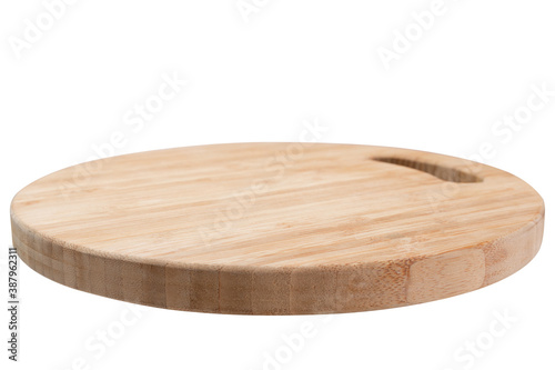 round bamboo board, side view, on white background, selective focus