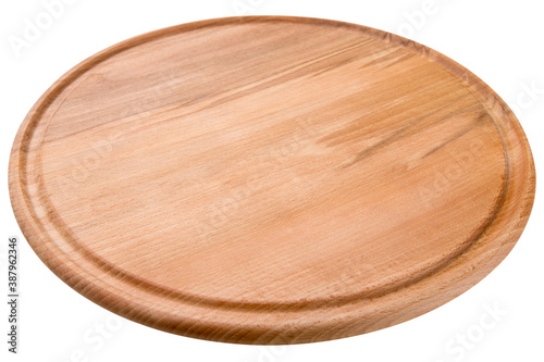 round wooden board for serving pizza or other food, on white background