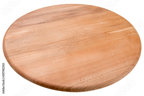 round wooden cutting board for serving food, on white background