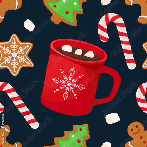 Christmas seamless pattern with Hot chocolate, marshmallow, lollipop and gingerbread. Vector illustration in doodle style