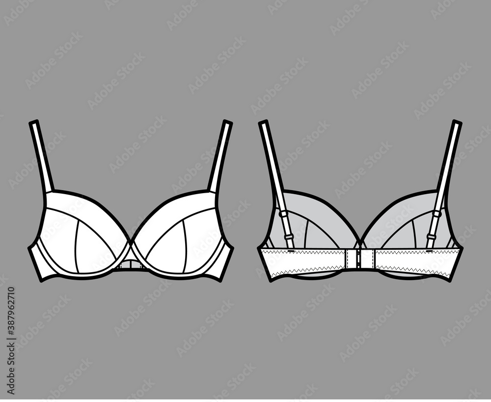 Bra full cup lingerie technical fashion illustration with full adjustable shoulder straps, hook-and-eye closure. Flat brassiere template front, back white color style. Women men underwear CAD mockup Bra full cup lingerie technical fashion illustration with full adjustable shoulder straps, hook-and-eye closure. Flat brassiere template front, back white color style. Women men underwear CAD mockup