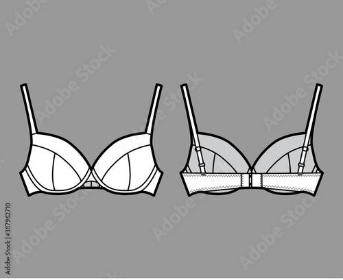 Bra full cup lingerie technical fashion illustration with full adjustable shoulder straps, hook-and-eye closure. Flat brassiere template front, back white color style. Women men underwear CAD mockup
