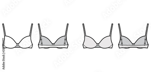Bra front closure lingerie technical fashion illustration with full adjustable shoulder straps, molded cups. Flat brassiere template front back white color style. Women men unisex underwear CAD mockup