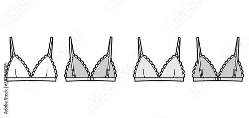 Triangle Bra lingerie technical fashion illustration with adjustable straps, hook-and-eye closure, scalloped cups. Flat brassiere template front, back white color style. Women men underwear CAD mockup