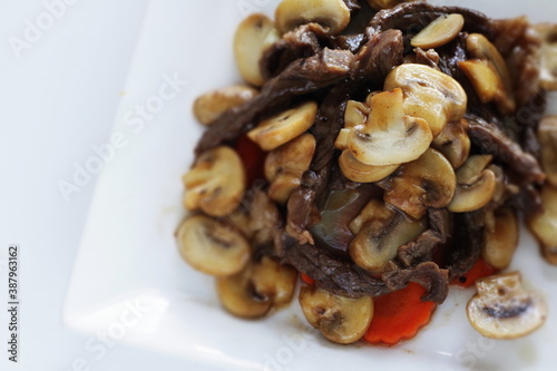 Chinese food, beef and mushroom stir fried for comfort food