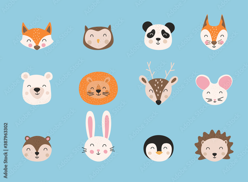 Fototapeta premium Cartoon cute animals. Hand drawn characters. Vector illustration.