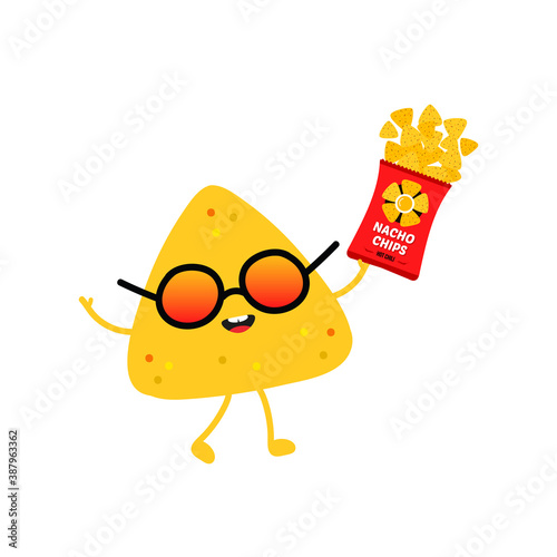 Cute cool smiling nachos, tortilla chip character in sunglasses holding open bag, package of nachos chips.