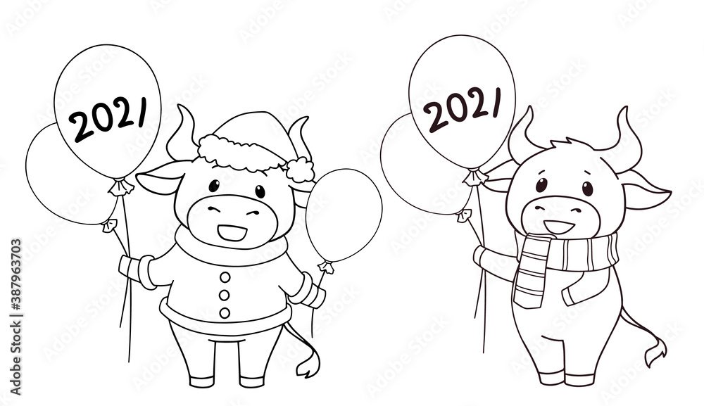 Set of two cartoon cow wearing Christmas costume. Contour vector illustration for children coloring book. Set of two cartoon cow wearing Christmas costume. Contour vector illustration for children coloring book.