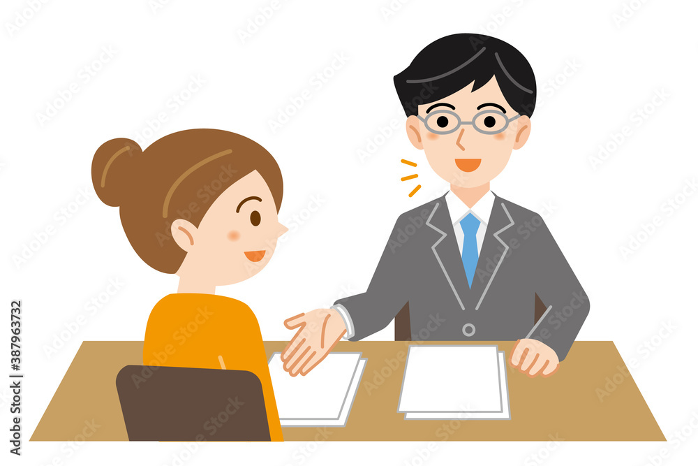Obraz premium 相談に来た女性に説明をするビジネススーツの男性のイラスト/白背景