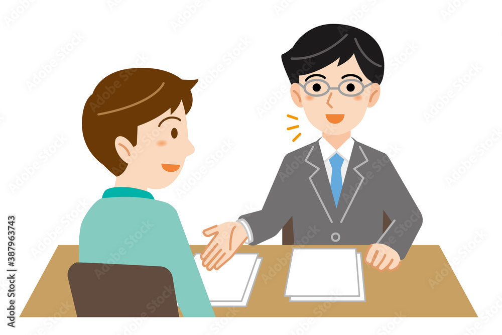 相談に来た男性に説明をするビジネススーツの男性のイラスト/白背景