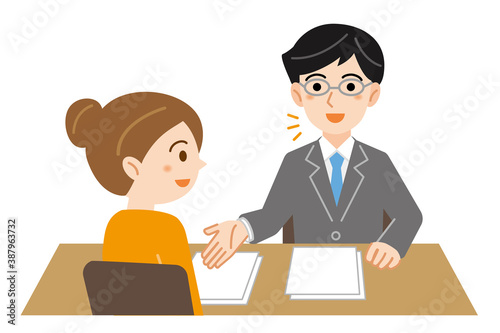 相談に来た女性に説明をするビジネススーツの男性のイラスト/白背景