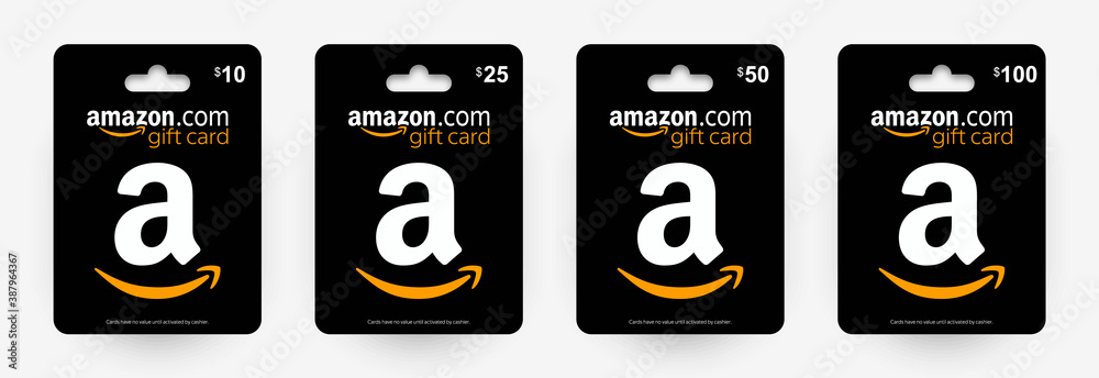 Gift card Amazon 10$, 25$, 50$, 100$. Black Amazon gift card with shadow  isolated on light background. Vector illustration EPS10 Stock Vector |  Adobe Stock