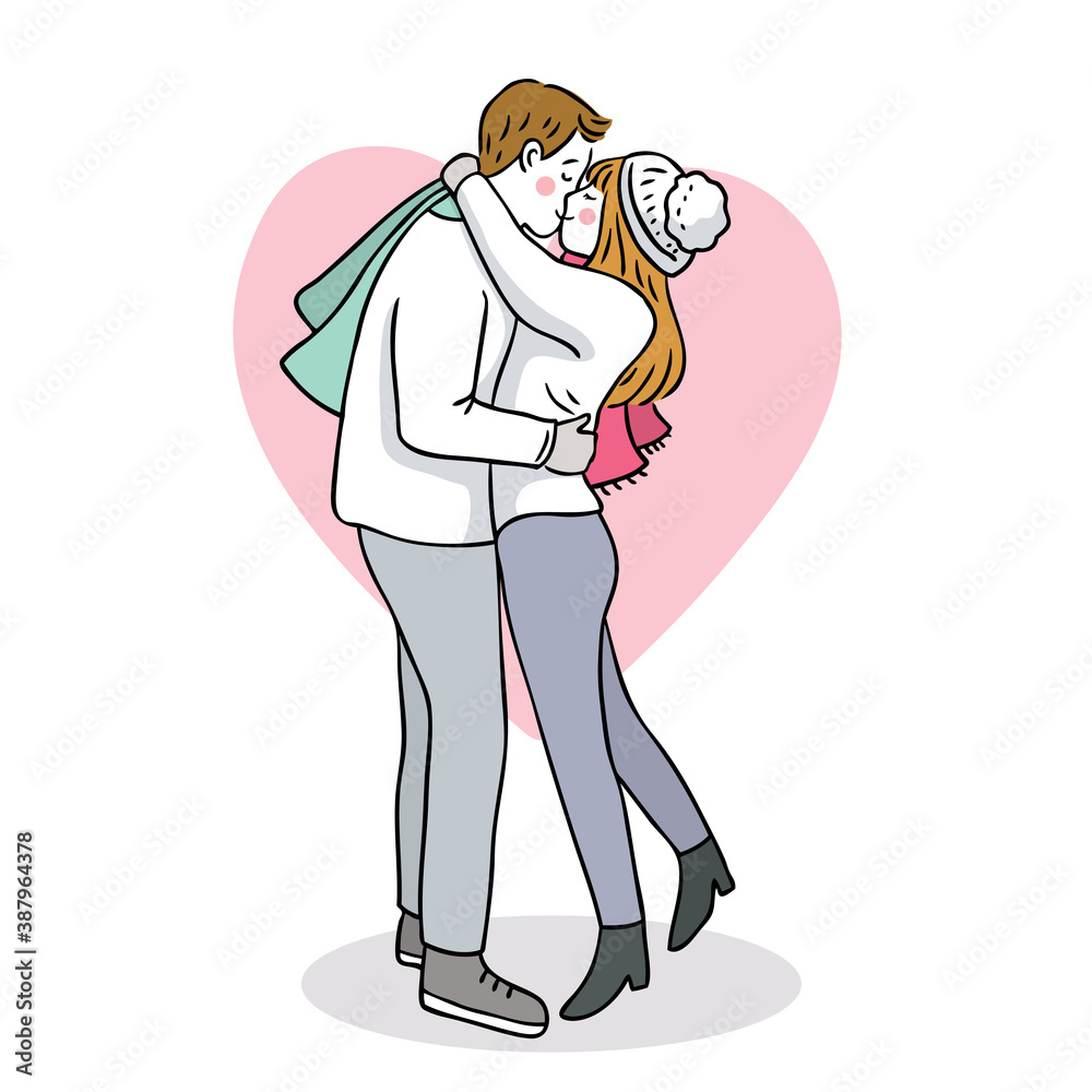 Fototapeta premium Hand draw cartoon cute Merry Christmas, Couple kissing vector.