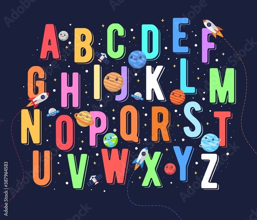 Colorful Alphabet for Kids. Vector illustration of alphabet graphics for kids with outer space theme. space kids, alphabet for children.