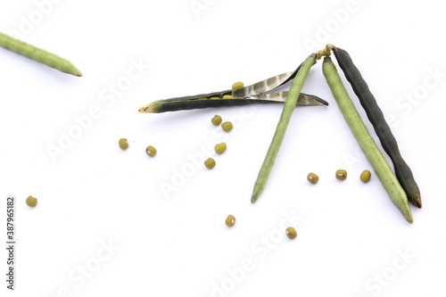 Quadro su tela Mung beans and  pods isolated on white background