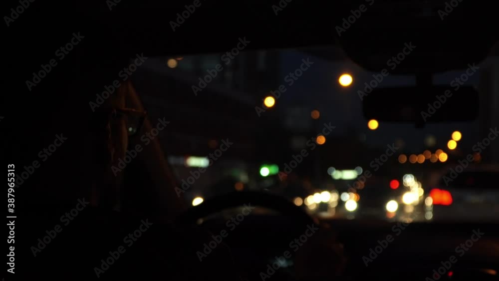 View of road of blurred headlights of moving cars in night city. Transport abstract background